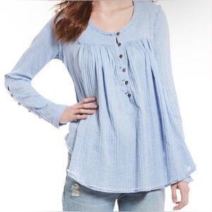 We The Free People Sand Dune Henley Blouse Babydoll Top Blue Gauzy Cotton Boho